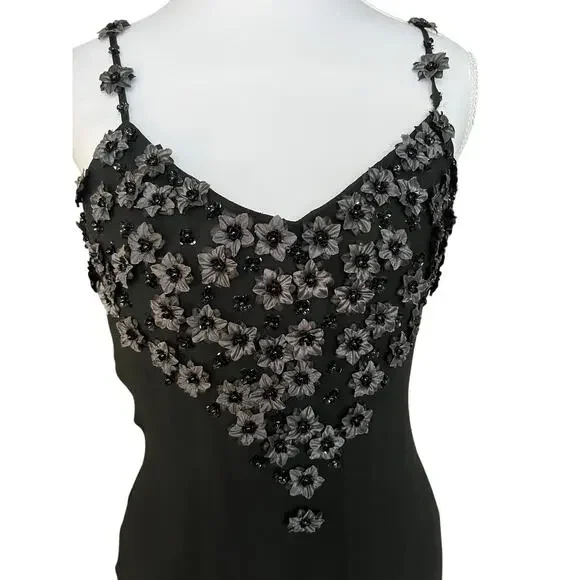 Sue Wong Black Silk Beaded Asymmetrical Evening Midi Dress Y2K Cocktail S/M